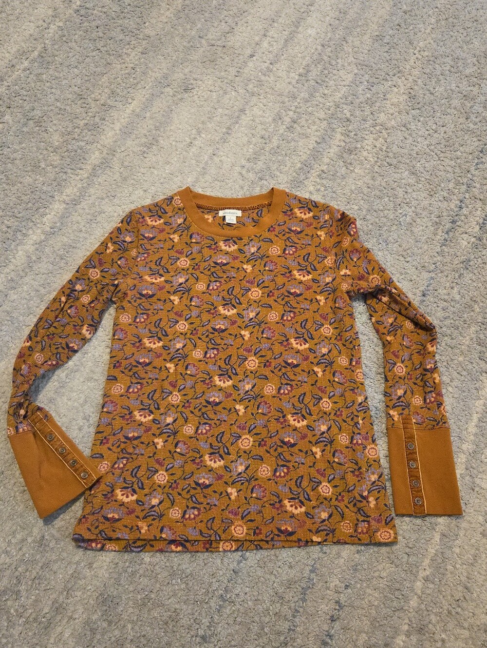 Sundance Thermal Top L Large Floral Waffle Knit Henley Button Cuff Ochre Cotton
